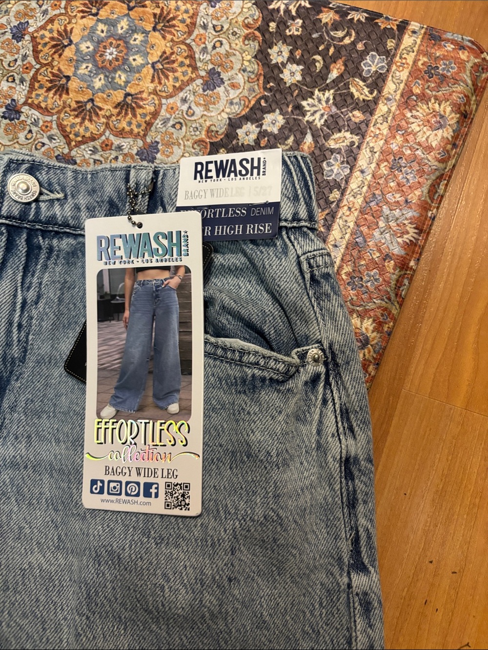 Rewash Baggy Boho Wide Leg Denim Jeans High Rise Women’s Sz 27 / 5 NWT